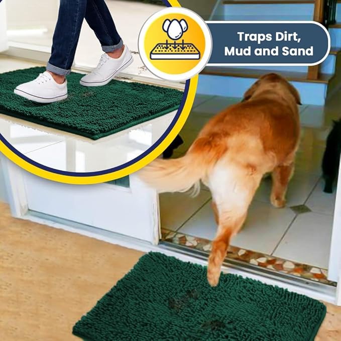 Muddy Mat® | Super Absorbent Door Mat Indoor, Microfiber Quick Dry Chenille Entryway Rug, Non-Slip Front Door Mat, Indoor Mats for Entryway, Machine Washable Pet Rug, Dark Green Large 35"X24"