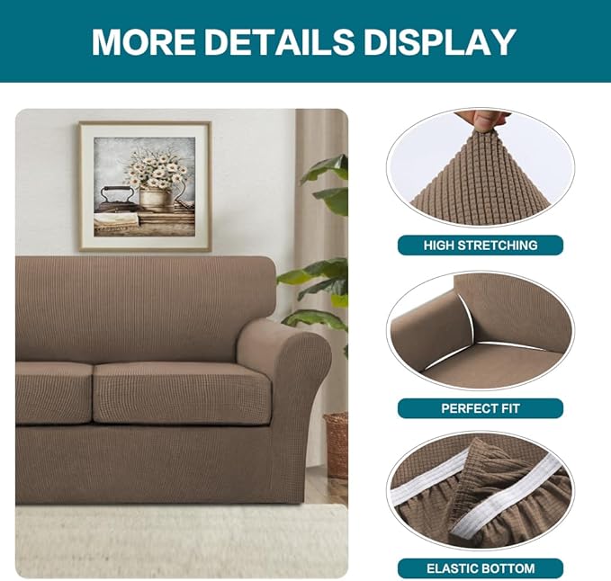 Turquoize 3 Piece Sofa Covers for 2 Cushion Couch Sofa Slipcover Soft Couch Cover for Dogs-Washable Sofa Furniture Cover with 2 Individual Cushion Covers, Feature Fabric (2 Cushion Sofa, Macchiato)