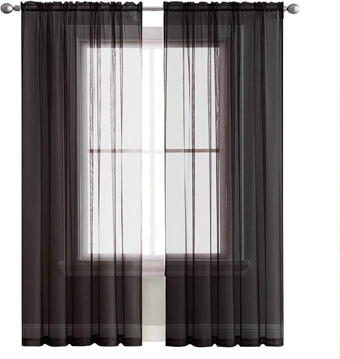 SpaceDresser Basic Rod Pocket Sheer Voile Window Curtain Panels White 1 Pair 2 Panels 70 Width 108 Inch Long for Kitchen Bedroom Children Living Room Yard(Black,70 W x 108 L)