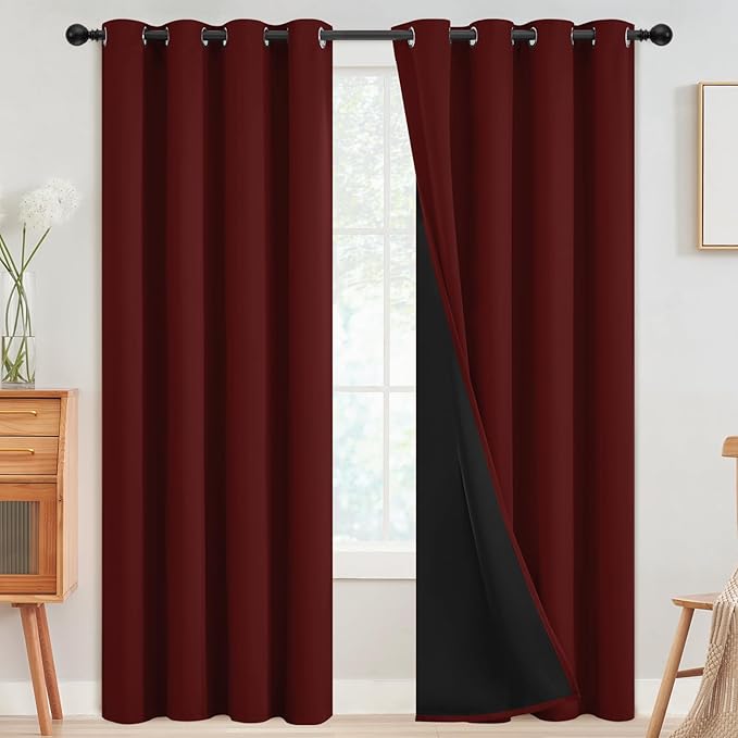 SimpleHome 100% Blackout Curtains for Bedroom,Thermal Insulated Burgundy Red Grommet Window Drapes Room Darkening Curtains for Living Room with Black Back,52 x 63 Inch,2 Panels