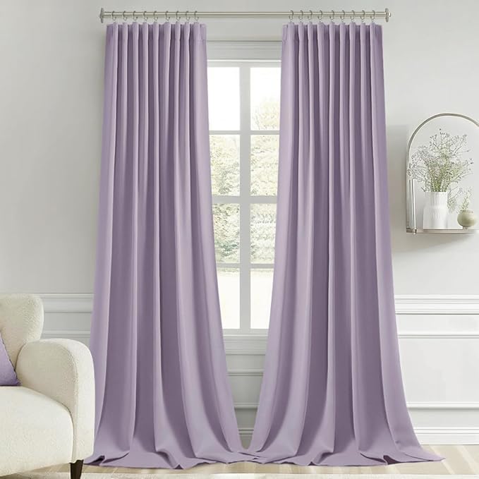 MIULEE Lilac Back Tab Blackout Curtains 108 Inch Long 2 Panels Set for Bedroom, Rod Pocket/Pinch Pleat Extra Long Thermal Insulated Living Room Darkening Pleated Light Blocking Drapes
