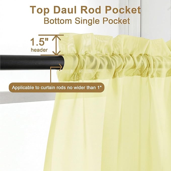 Chyhomenyc Sheer Curtains 108 Inch Length 2 Panels Set - Extra Long Light Filtering Solid Voile Window Drapes for Living Room Bedroom, 42Wx108L, 9FT Length, Light Yellow