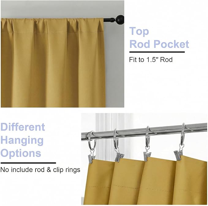 Simplebrand Ava Bright Gold Short Blackout Curtains for Bedroom 54 Inches Long 2 Panels Set, Solid Thermal Insulated, Energy Saving Window Treatment Curtains Blackout Drapes, W40 x L54 Inch