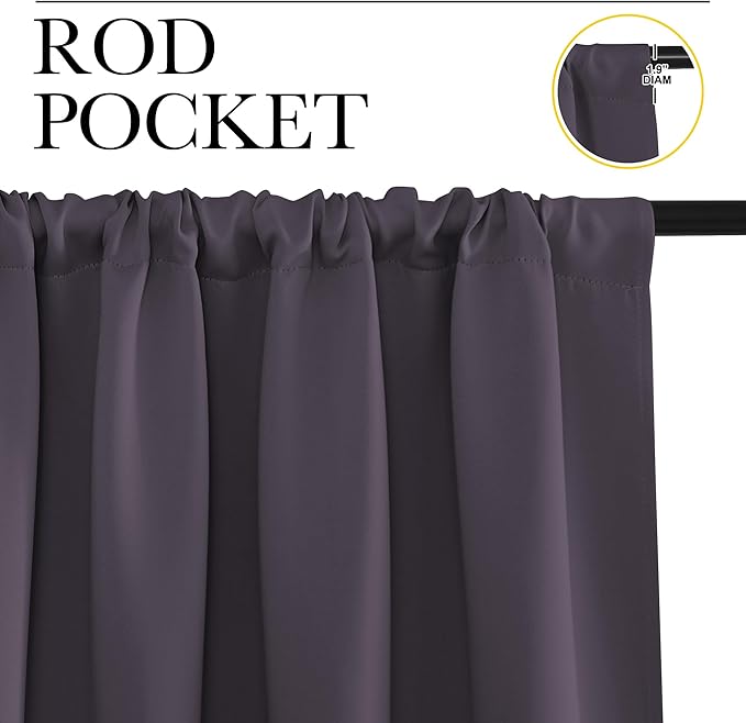 NICETOWN Bedroom Curtains Blackout Draperies, Greyish Purple, 1 Pair, 34-inch W x 63-inch L, Home Decorations Thermal Insulated Solid Pole Top Blackout Drapes for Living Room