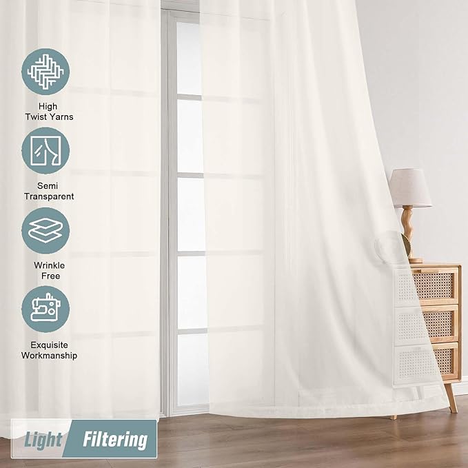 Extra Wide Sheer Ivory Curtains 84 Inches Long 2 Panels, Soft Airy Transparent Light Filtering Elegant Patio Curtains for Sliding Glass Door, Top Dual Rod Pocket Design, 2x59Wx84L Inches
