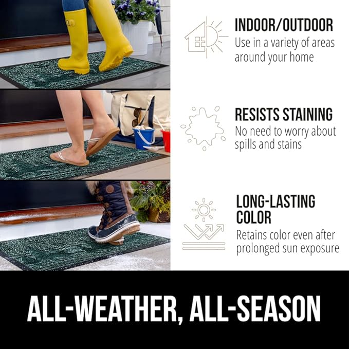 GORILLA GRIP 100% Waterproof All-Season WeatherMAX Doormat, US Designed Natural Rubber, Stain and Fade Resistant, Low Profile Indoor Outdoor Door Mats, Easy Clean Patio Mat, 29x17, Green Snowscape