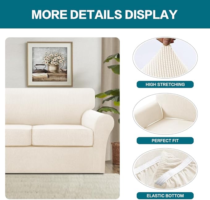Turquoize 4 Piece Sofa Covers for 3 Cushion Couch Sofa Slipcover Soft Couch Cover for Dogs Washable Furniture Cover with 3 Individual Large Cushion Covers Feature Fabric (Large Sofa, Cream)