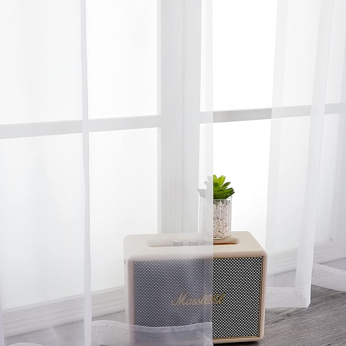 OWENIE Sheer Curtain, 120 Inches Long, White, Rod Pocket, Polyester, 2 Panels, for Living Room and Bedroom