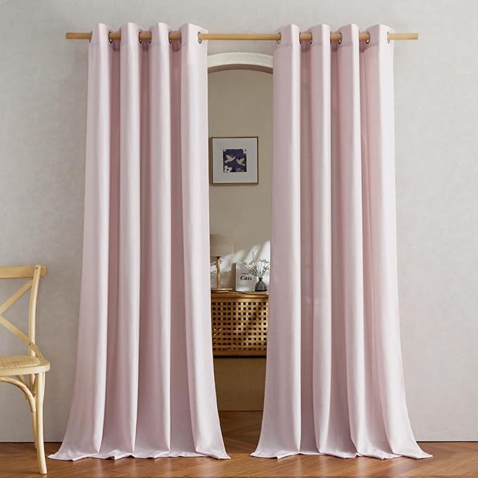 NICETOWN Blush Pink Linen Curtains for Kitchen, Thick Flax Small Window Treatments Semi Sheer Privacy Assured with Light Through for Cafe/Bathroom, W55 x L132, 2 Panels