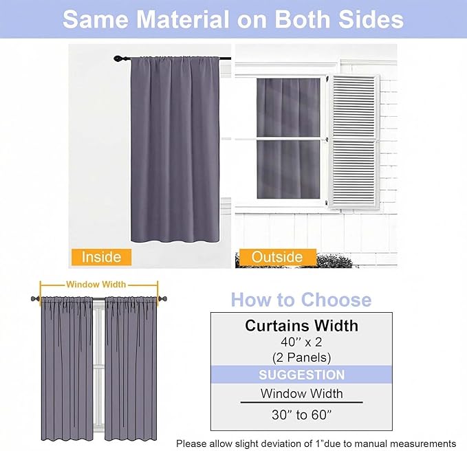 Simplebrand Ava Greyish Purple Blackout Curtains for Bedroom 72 Inch Length 2 Panels Set, Privacy Thermal Insulated Rod Pocket Door Window Curtains for Patio French Door Front Door, W40 x L72 Inch