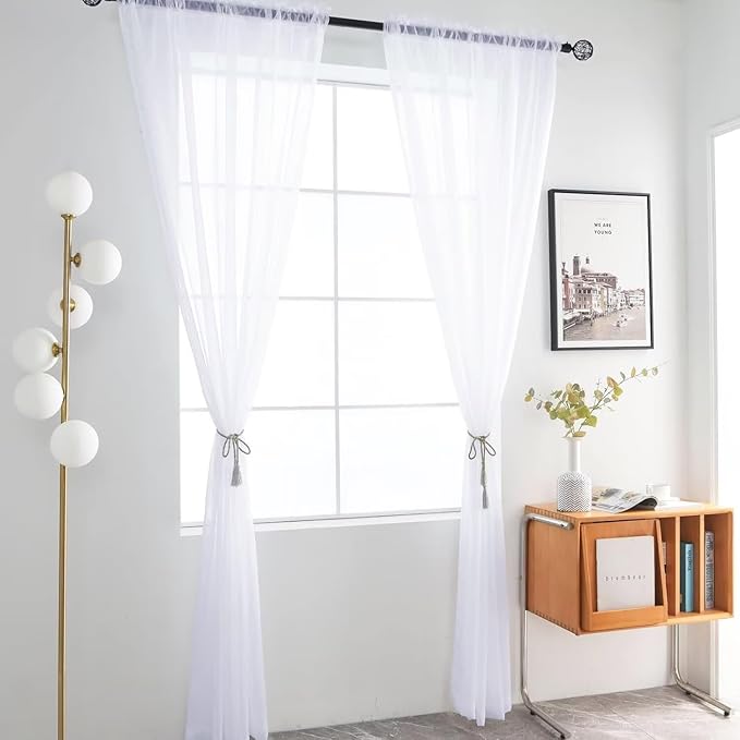 SpaceDresser Optical White Sheer Curtains 4 Panels Rod Pocket Semi-Sheer Curtain 108 Inches Long Light Filtering Voile Window Drapes for Bedroom Living Room Kitchen, Each 52W x 108L