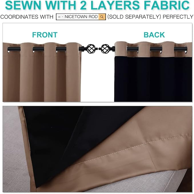 NICETOWN Room Warming Curtains, Bedroom Full Blackout Panels, Super Thick Insulated Window Covers, 100% Blackout Blinds with Black Liner for Small Window(Cappuccino, Set of 2 PCs, 52 by 45-inch)
