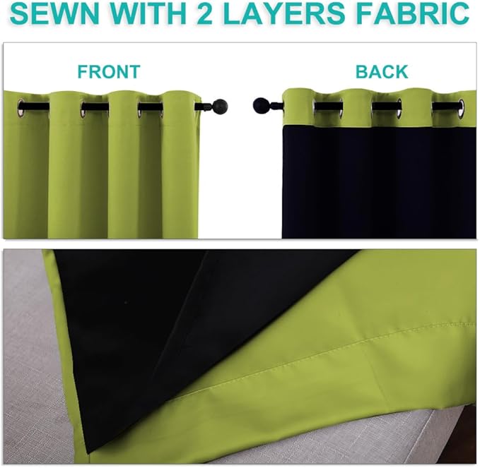 NICETOWN 100% Blackout Curtains for Windows, Pack of 2, 52" W x 108" L, Fresh Green, Super Heavy-Duty Black Lined Total Darkness Drapes for Bedroom, Privacy Assured Window Treatment for Patio