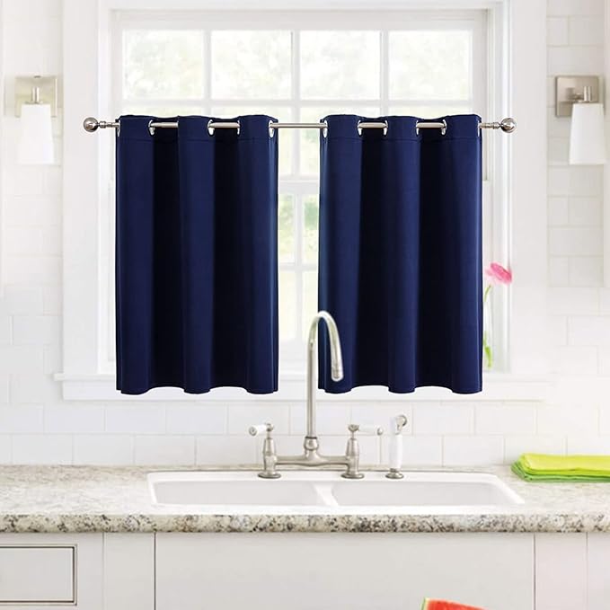 ChrisDowa Small Window Curtains for Kitchen and Bedroom - Grommet Short Thermal Insulated Room Darkening Curtains (2 Panels, Navy Blue, 34 x 36 Inch)