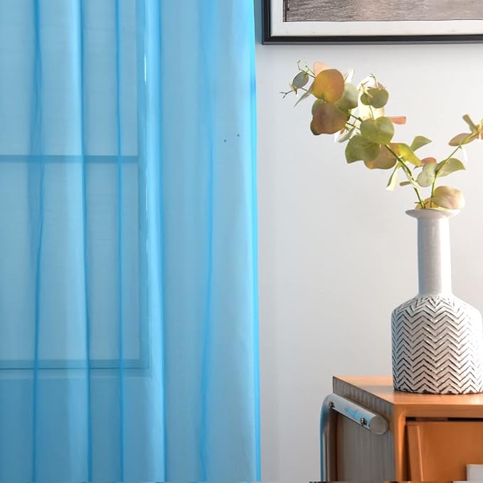SpaceDresser Basic Rod Pocket Sheer Voile Window Curtain Panels Cyan Blue 1 Pair 2 Panels 52 Width 108 Inch Long for Kitchen Bedroom Children Living Room Yard(Cyan Blue,52 W x 108 L)