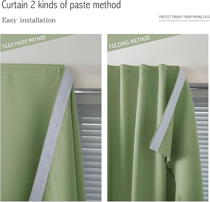 Magic Tape Blackout Curtains for Bedroom No Drillng Self Adhesive Curtains No Rod Small Window, 59" W X 84" L, Sage Green, 1 Panel