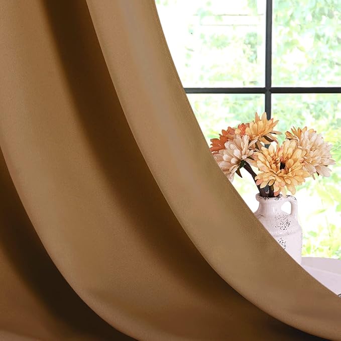 NICETOWN Blackout Draperies Curtains for Kids Room, Window Treatment Thermal Insulated Solid Grommet Blackout Drape Panels for Bedroom (Gold Brown, Set of 2, 60 by 84 inches)