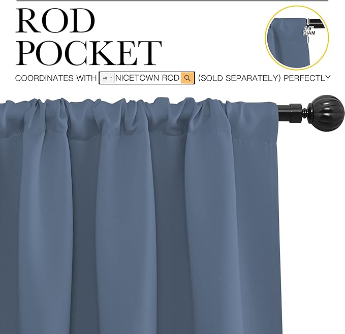 NICETOWN Kitchen Curtains, Short Blackout Curtains & Drapes, Small Window Rod Pocket Draperies for Bedroom (Stone Blue, 34 in x 54 in (W x L), Set of 2)