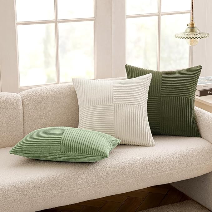 MIULEE Olive Green Decorative Throw Pillow Covers 18x18 Inch for Couch Bed Sofa Spring Decor Pack of 2 Boho Farmhouse Throw Pillows Soft Cross Corduroy Patchwork Textured Cushion Cases