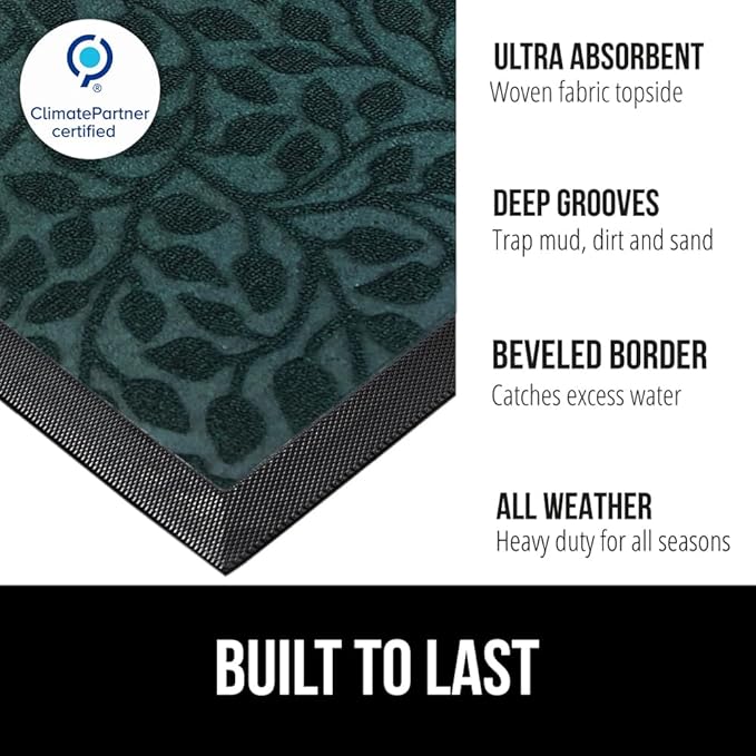 GORILLA GRIP 100% Waterproof All-Season WeatherMAX Doormat 35x23, US Designed Natural Rubber, Stain and Fade Resistant, Low Profile Indoor Outdoor Door Mats, Easy Clean Patio Mat, Moss Vine Leaves