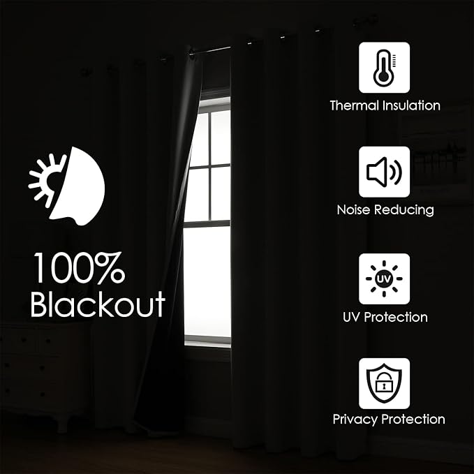 ChrisDowa 100% Blackout Curtains for Bedroom with Black Liner, 2 Thick Layers Total Blackout Thermal Insulated Grommet Window Curtains 2 Panels Set (Forest Green, 42 x 63 Inch)