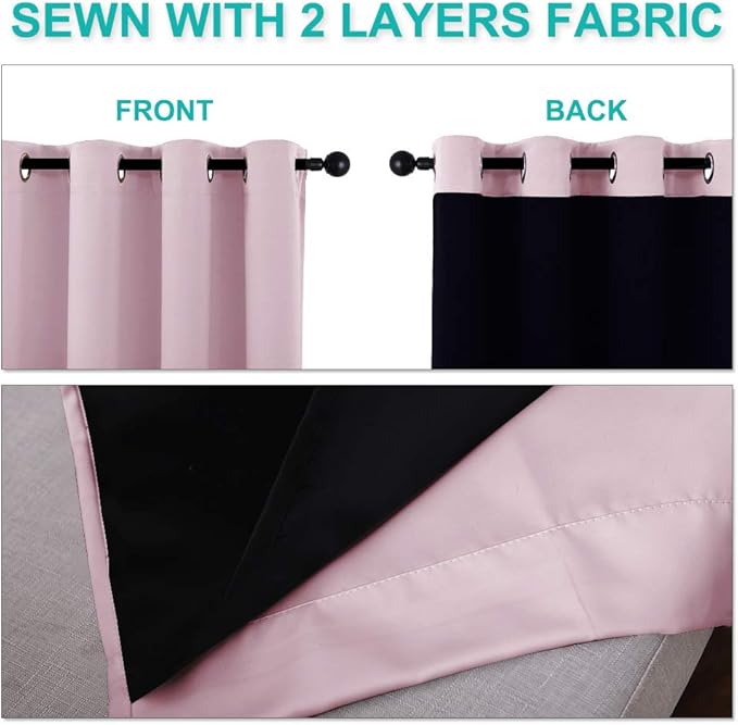 NICETOWN 100% Blackout Blinds, Set of 2, 46" x 96", Baby Pink, Laundry Room Decor Window Treatment Curtains for Large Patio Sliding Door, Thermal Insulated Curtains for Bedroom