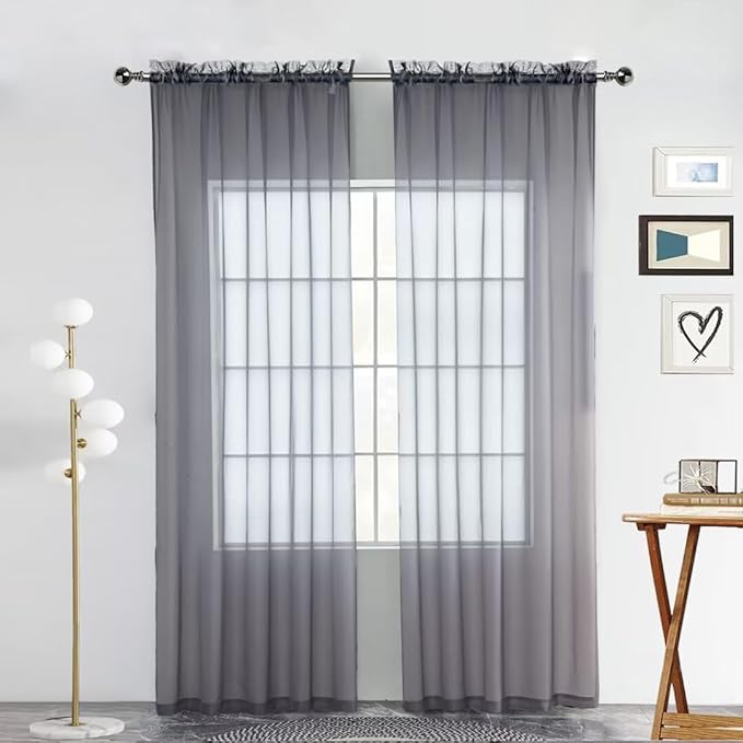 SpaceDresser Basic Rod Pocket Sheer Voile Window Curtain Panels White 1 Pair 2 Panels 70 Width 96 Inch Long for Kitchen Bedroom Children Living Room Yard(Grey,70 W x 96 L)