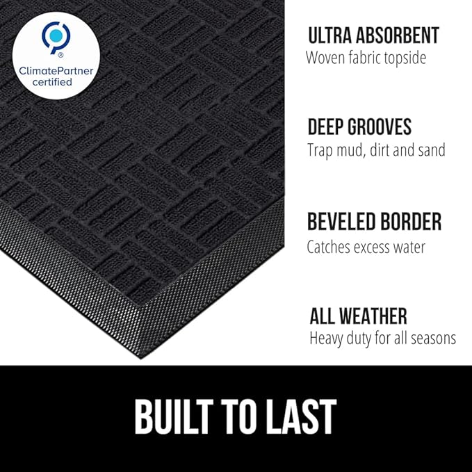 GORILLA GRIP 100% Waterproof All-Season WeatherMAX Doormat, 58x34, US Designed Natural Rubber, Stain and Fade Resistant, Low Profile Indoor Outdoor Door Mats, Easy Clean Patio Mat, Black Maze