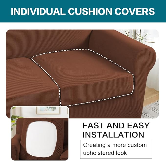 Turquoize 4 Piece Sofa Covers for 3 Cushion Couch Slipcover Soft Cover Dogs-Washable Furniture with Individual Covers,Feature Jacquard Fabric(3 Cushion Sofa, Caramel)