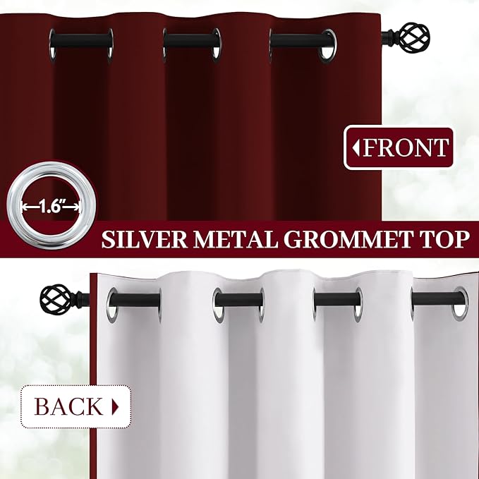 Yakamok Room Darkening 100% Blackout Curtains Grommet Window Treatments with 2 Thick Layers-Burgundy Red Thermal Insulated Drapes Set of 2 Panels for Bedroom Living Room 52 Inches by 96 Inches Length