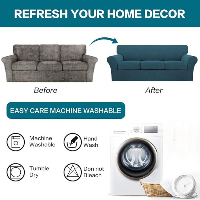 Turquoize 4 Piece Sofa Covers for 3 Cushion Couch Sofa Slipcover Soft Couch Cover for Dogs-Washable Sofa Furniture Covers with 3 Individual Large Cushion Covers Jacquard Fabric(XL Sofa,Deep Teal)