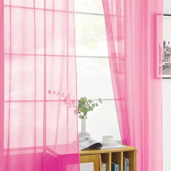 SpaceDresser Basic Rod Pocket Sheer Voile Window Curtain Panels Pink 1 Pair 2 Panels 52 Width 54 Inch Long for Kitchen Bedroom Children Living Room Yard（Pink, 52W x 54L）