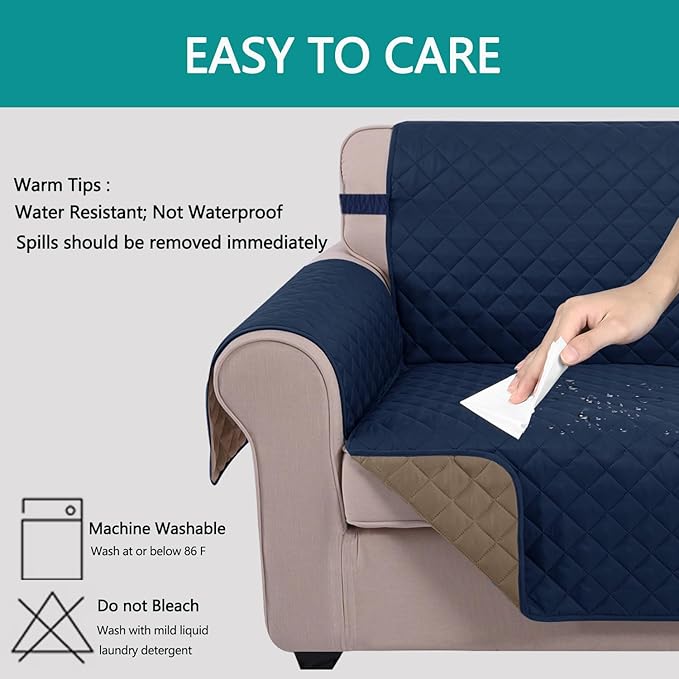 U-NICE HOME Large Sofa Cover Reversible Couch Cover for Dogs with Elastic Straps Water Resistant Furniture Protector for Pets Couch Cover for 4 Cushion Couch (Oversized Sofa, Navy/Taupe)
