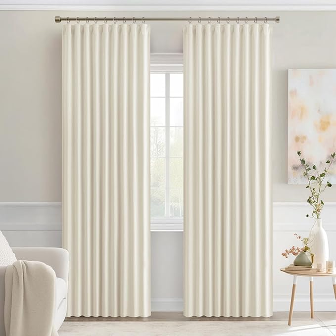 MIULEE Beige White Back Tab Blackout Curtains 84 Inch Length 2 Panels Set for Living Room Bedroom Privacy, Rod Pocket/Pinch Pleat Thermal Insulated Room Darkening Pleated Light Blocking Drapes
