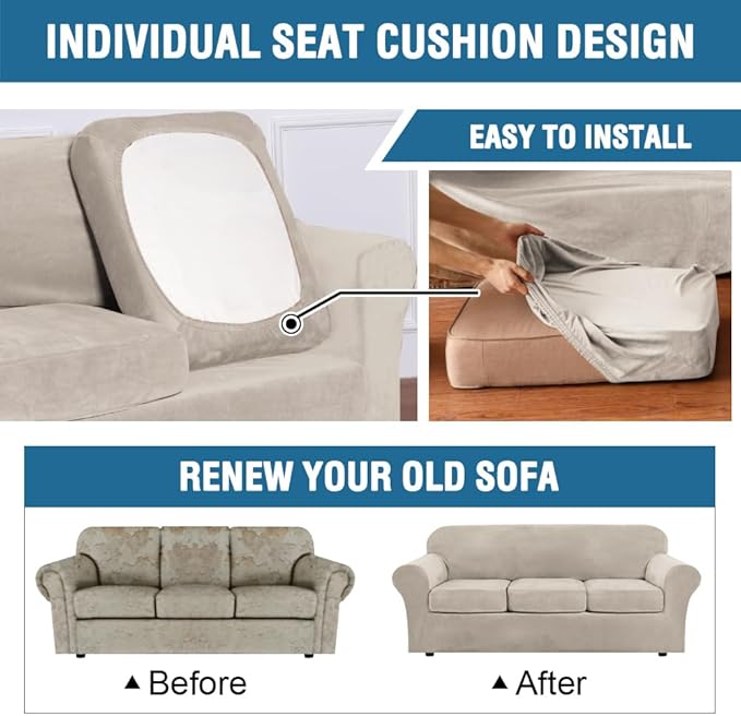 H.VERSAILTEX Real Velvet Plush 3 Piece Stretch Sofa Covers Couch Covers for 2 Cushion Couch Sofa Slipcovers Width Up to 90 Inch Feature Thick Soft Stay in Place (Sofa, French Oak)