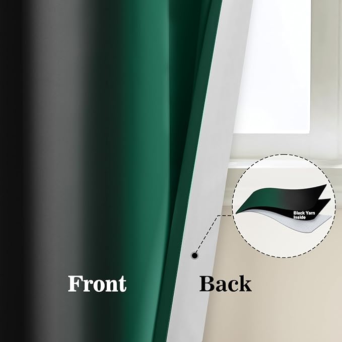 Yakamok Blackout Ombre Dark Green and Black Curtains-Gradient Room Darkening Curtain, Grommet Thermal Insulated Light Blocking Window Drapes Curtain for Living Room Bedroom,52 x 63 Inch,2 Panels