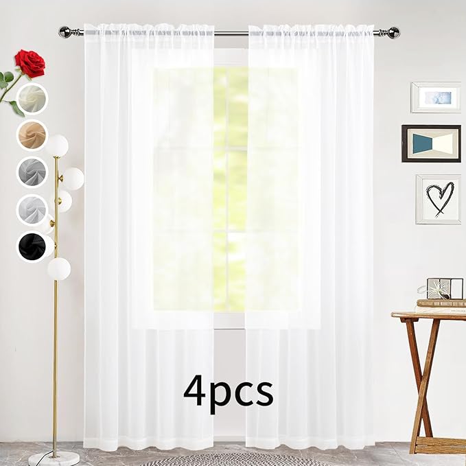 SpaceDresser Sheer White Curtains 4 Panels Rod Pocket Semi-Sheer Curtain 84 Inches Long Light Filtering Voile Window Drapes for Bedroom Living Room Kitchen, Each 52W x 84L