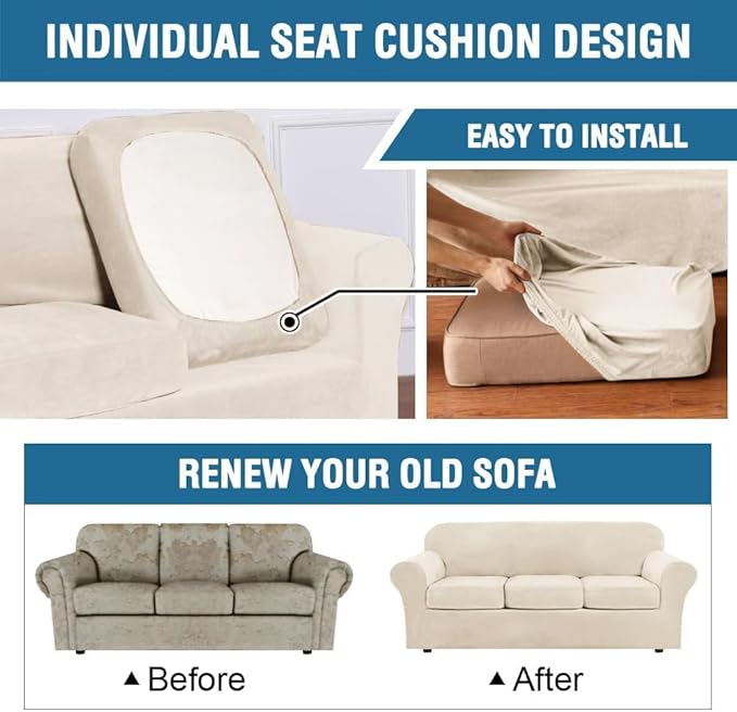 H.VERSAILTEX Real Velvet Plush 3 Piece Stretch Sofa Covers Couch Covers for 2 Cushion Couch Sofa Slipcovers Width Up to 90 Inch Feature Thick Soft Stay in Place (Sofa, Cream)
