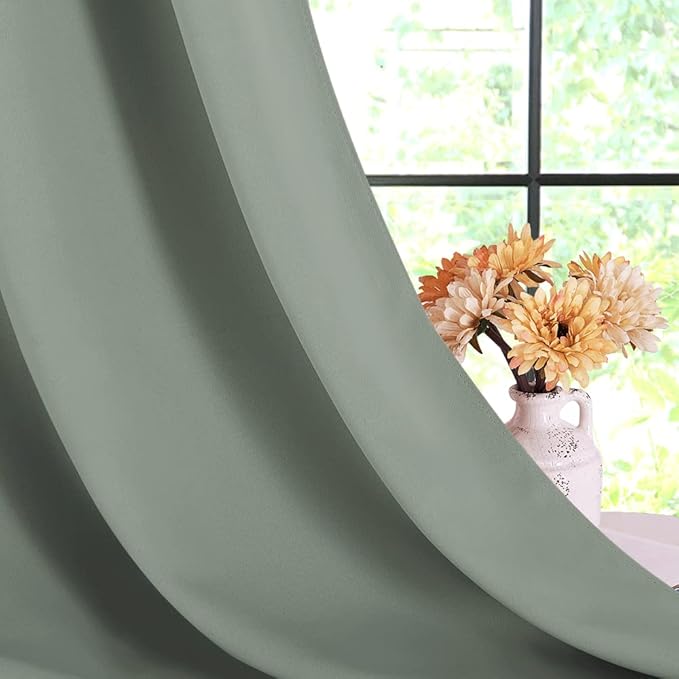 NICETOWN Bedroom Curtain Panels Blackout Draperies, Greyish Green, 1 Pair, 34 by 70-inch, Thermal Insulated Solid Grommet Blackout Curtains/Drapes