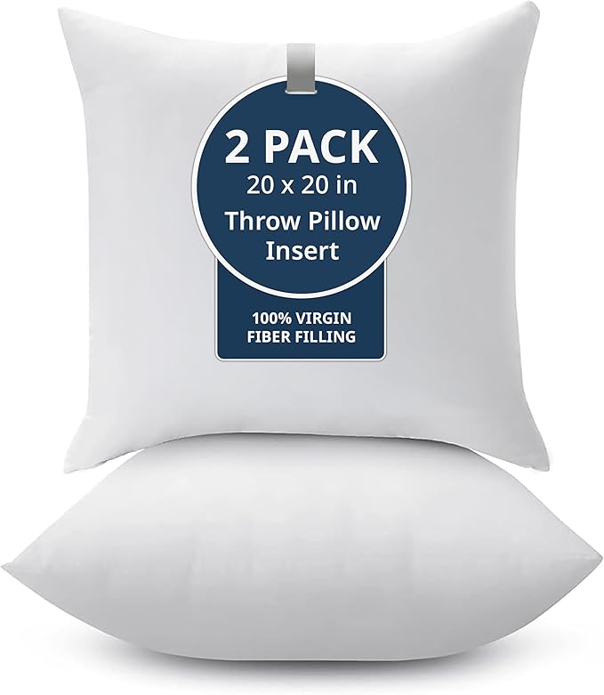 LANE LINEN 20x20 Pillow Inserts - Set of 2 Lightweight Down Alternative Square Pillows, White Throw Pillows for Bed, Decorative Pillows for Couch Bed, Firm Pillows for Living Room