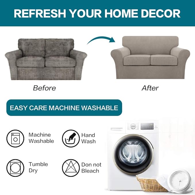 Turquoize 3 Piece Sofa Covers for 2 Cushion Couch Sofa Slipcover Soft Couch Cover for Dogs-Washable Sofa Furniture Covers with 2 Individual Cushion Covers Jacquard Fabric (2 Cushion Sofa, Taupe)