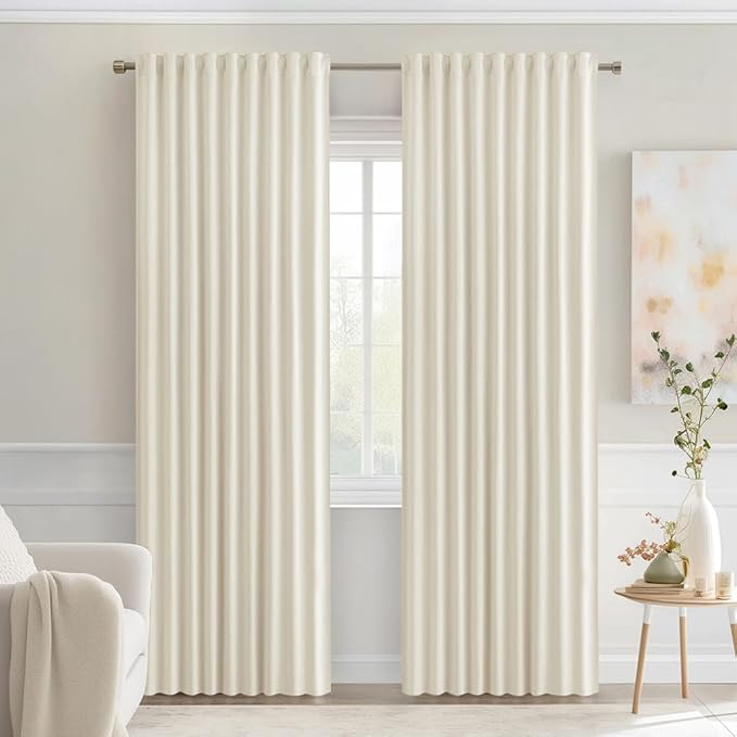 MIULEE Beige White Back Tab Blackout Curtains 84 Inch Length 2 Panels Set for Living Room Bedroom Privacy, Rod Pocket/Pinch Pleat Thermal Insulated Room Darkening Pleated Light Blocking Drapes