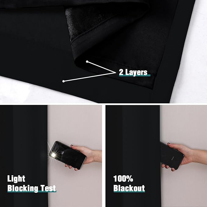 ChrisDowa 100% Blackout Curtains 78 inch Long for Bedroom with Black Liner, 2 Thick Layers Total Blackout Thermal Insulated Grommet Window Curtains 2 Panels Set (Black, 42 x 78 Inch)