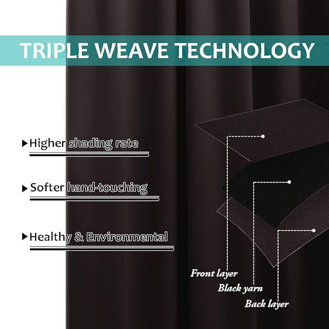 NICETOWN 100% Blackout Short Curtains with Black Liners, 2 Panels, 37" W by 40" L, Toffee Brown, Solid Thermal Insulated Full Blackout 2-Layer Lined Drapes, Energy Efficiency Window Drapes for Bedroom