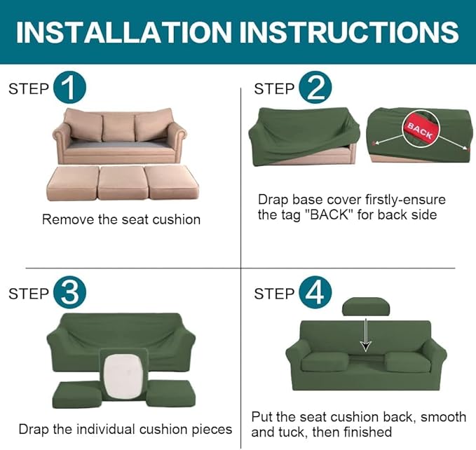 Turquoize 4 Piece Sofa Covers for 3 Cushion Couch Sofa Slipcover Soft Couch Cover for Dogs Washable Furniture Cover with 3 Individual Large Cushion Covers Feature Fabric (Large Sofa, Bronze Green)