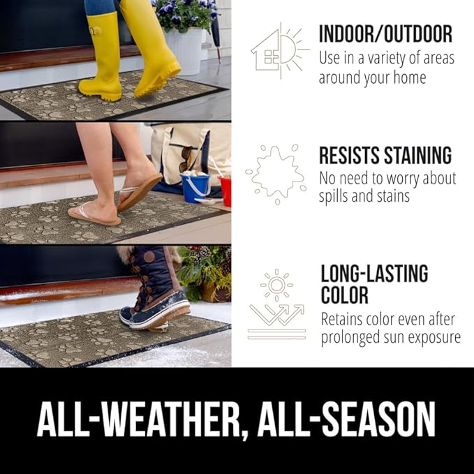 GORILLA GRIP 100% Waterproof All-Season WeatherMAX Doormat 35x23, US Designed Natural Rubber, Stain and Fade Resistant, Low Profile Indoor Outdoor Door Mats, Easy Clean Patio Mat, Tan Pawprints