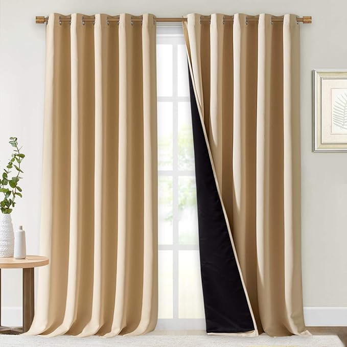 NICETOWN Thermal Insulated 100% Blackout Curtains, Sound Proof Drapes with Black Backing, Full Light Blocking Panels for Patio Sliding Door (Biscotti Beige, 2 Panels, 70 inches x 108 inches)