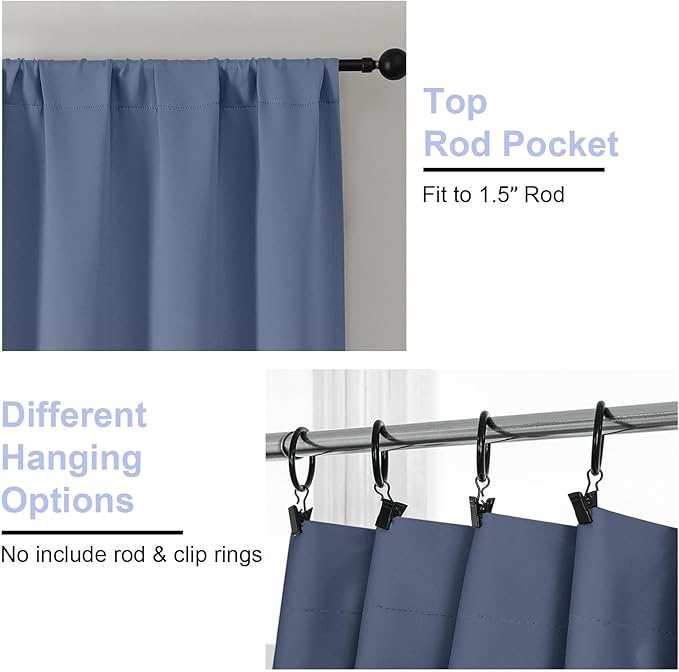 Simplebrand Ava Denim Blue Short Blackout Curtains for Bedroom 45 Inches Long 2 Panels Set, Solid Thermal Insulated, Energy Saving Window Treatment Curtains Blackout Drapes, W40 x L45 Inch, Denim Blue