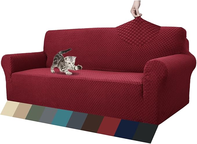 ZNSAYOTX 1 Piece Jacquard Couch Covers for 3 Cushion Couch High Stretch Sofa Cover for Pets Dogs Anti Slip Extra Large Sofa Slipcovers Furniture Protector (XL Sofa, Wine Red)