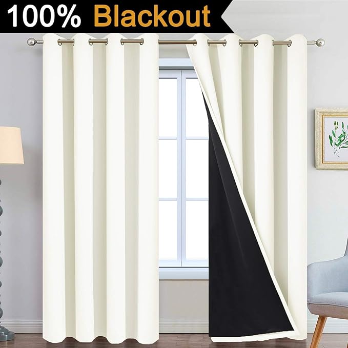 Yakamok 100% Cream Blackout Curtains for Bedroom, Light Blocking Thermal Insulated Noise Reducing Blackout Drapes for Living Room(52Wx84L, 2 Panels)